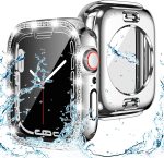 Goton 2 in 1 Waterproof Bling Case for Apple Watch 44mm SE (2nd Gen) Series 6 5 4 Screen Protector, Women Glitter Diamond Rhinestone Bumper Face Cover for iWatch Accessories 44 mm Silver